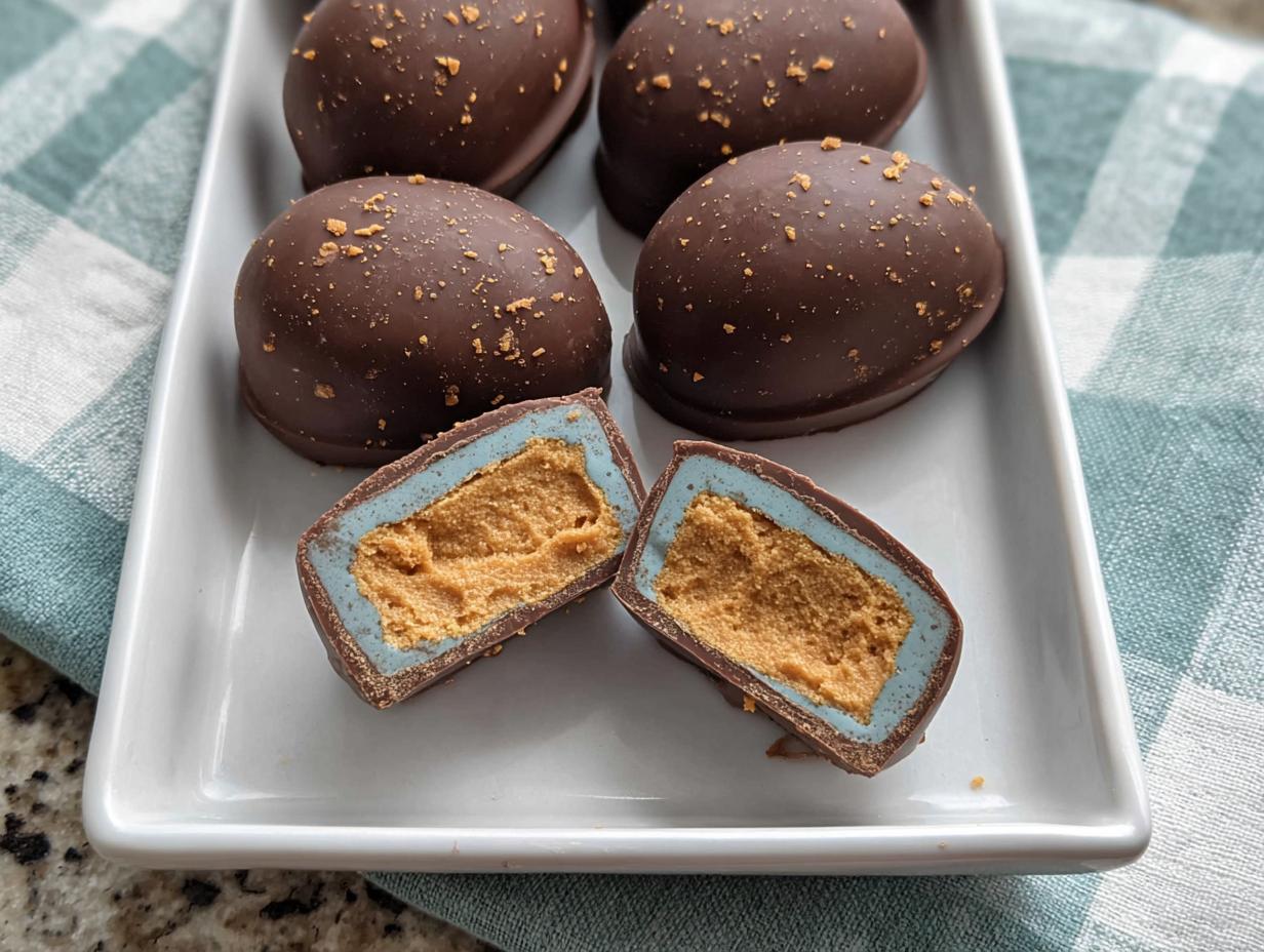 A plate of chocolate-covered Peanut Butter Easter Eggs, with one egg cut in half to reveal the blue peanut butter filling.