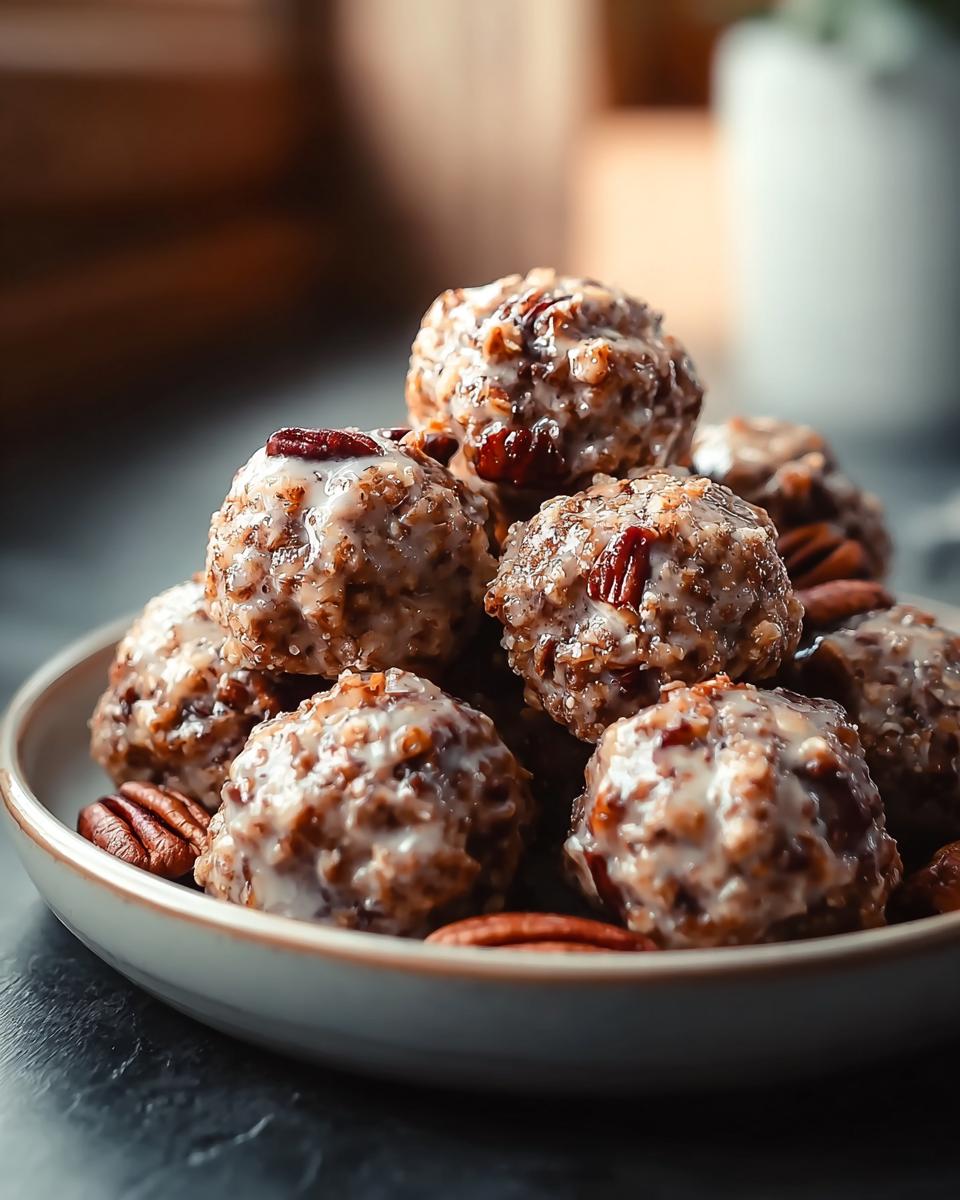 A close-up of a pile of Pecan Crunch Glazed Bites, drizzled with glaze and topped with pecans, in a bowl.