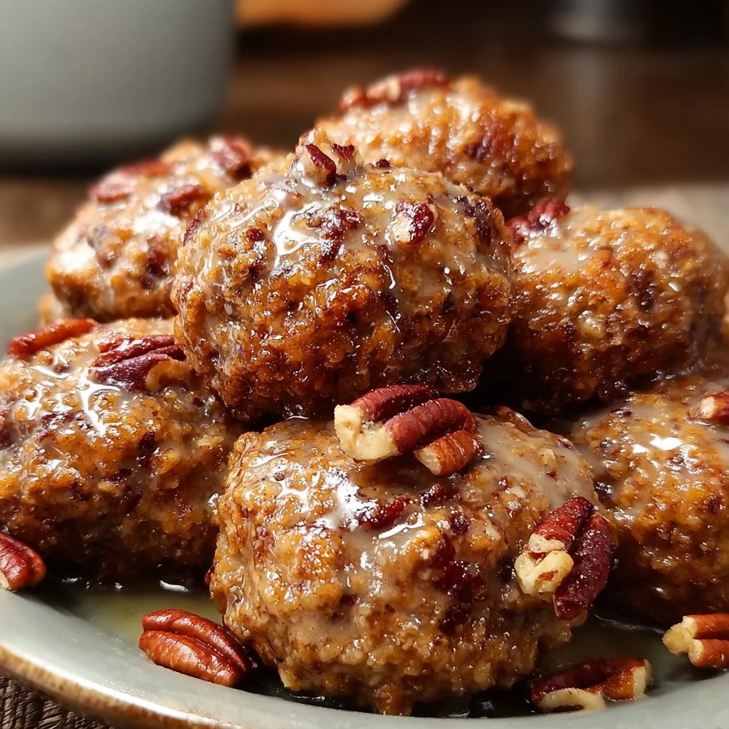 A close-up of a pile of Pecan Crunch Glazed Bites, drizzled with glaze and topped with pecan pieces.