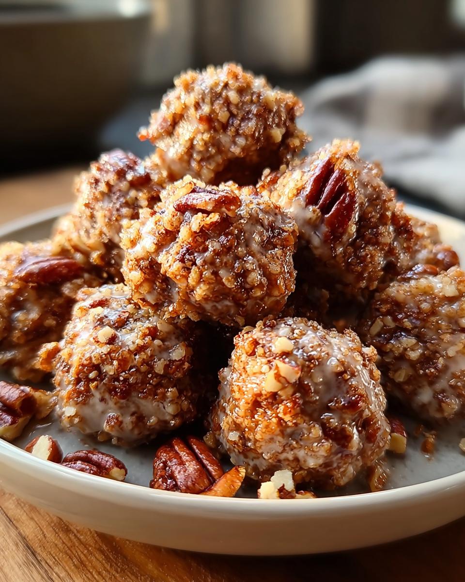 A pile of delicious Pecan Crunch Glazed Bites, drizzled with glaze and sprinkled with chopped pecans.