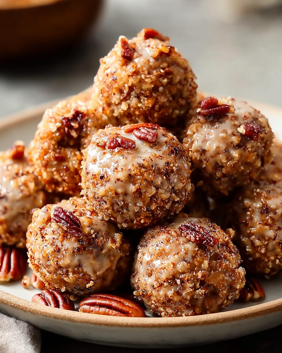 A close-up of a stack of Pecan Crunch Glazed Bites, drizzled with glaze and topped with chopped pecans.