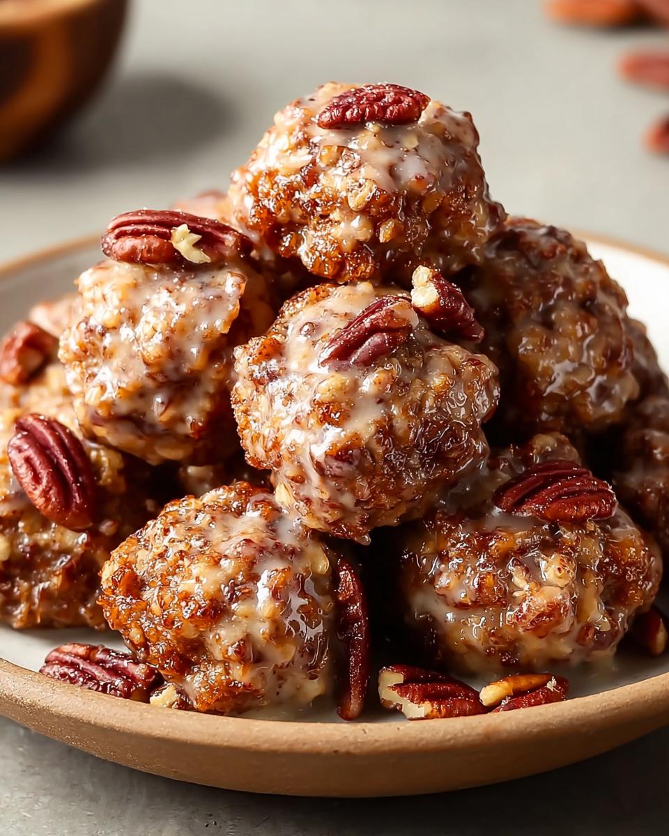 A close-up view of a stack of Pecan Crunch Glazed Bites, drizzled with glaze and topped with pecans.