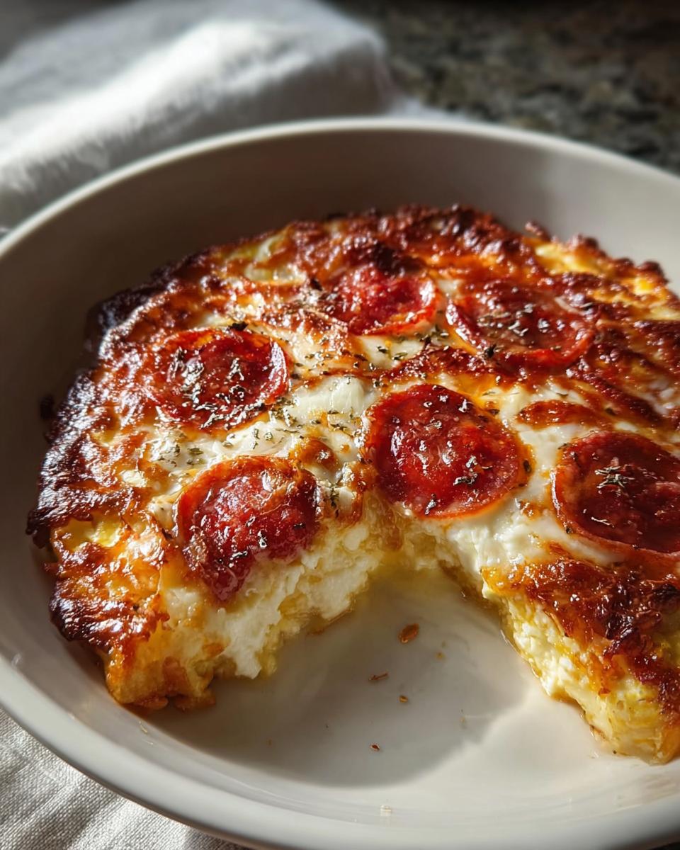 A slice taken out of a golden-brown Pizza-Style Cottage Cheese Bake topped with melted cheese and pepperoni.