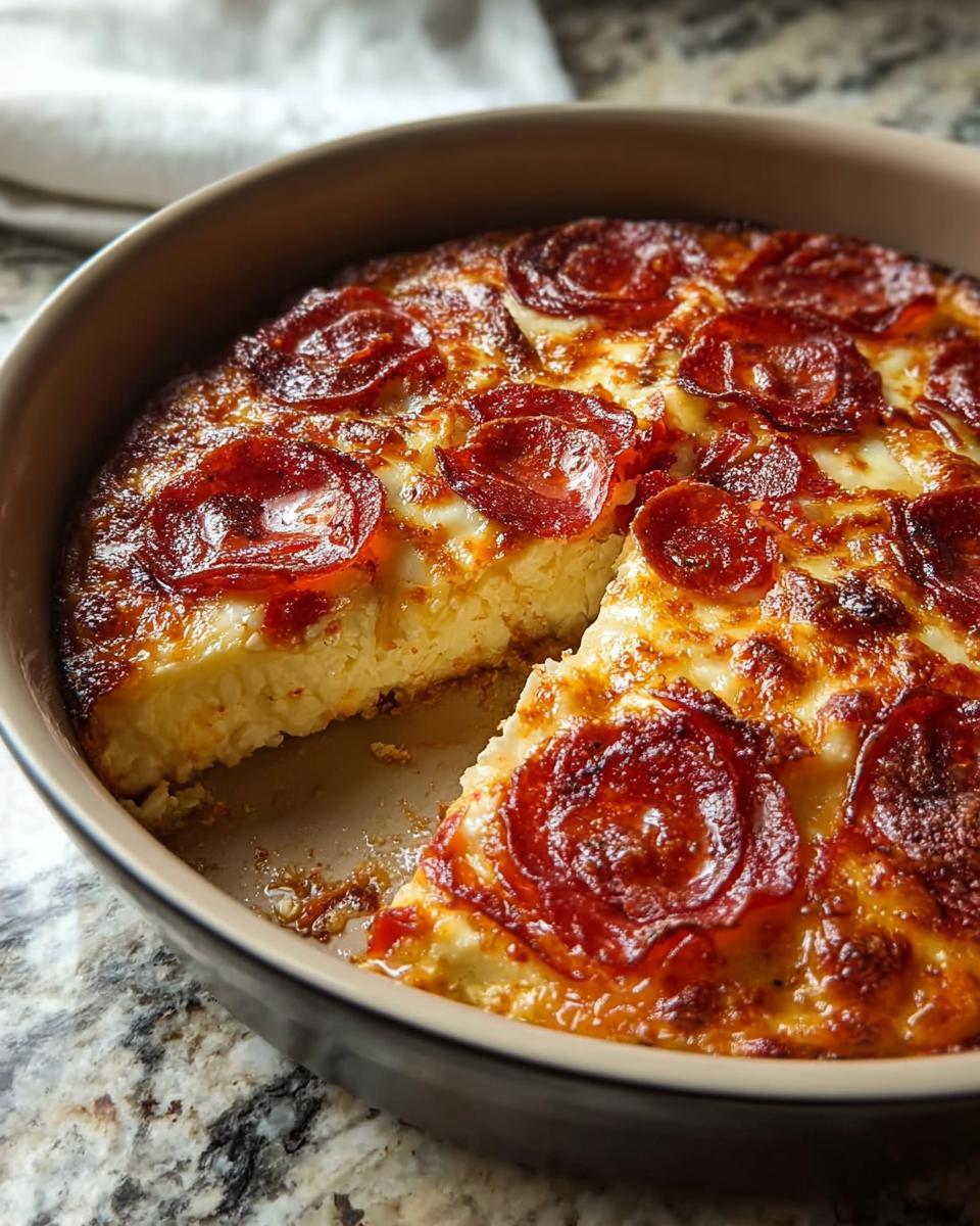 A slice removed from a golden-brown Pizza-Style Cottage Cheese Bake topped with melted cheese and pepperoni.
