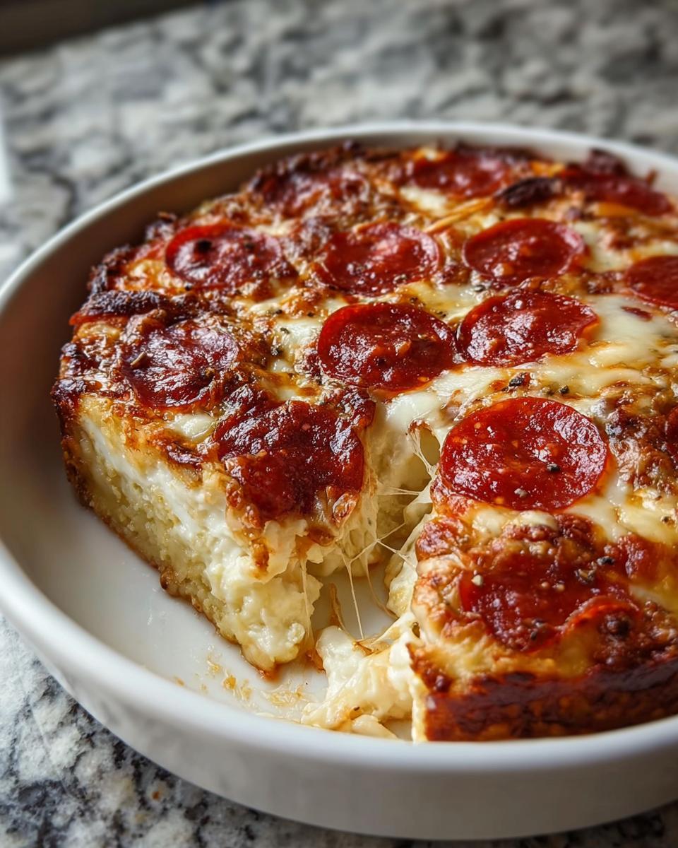 A slice is cut from a Pizza-Style Cottage Cheese Bake, revealing gooey cheese and pepperoni topping.