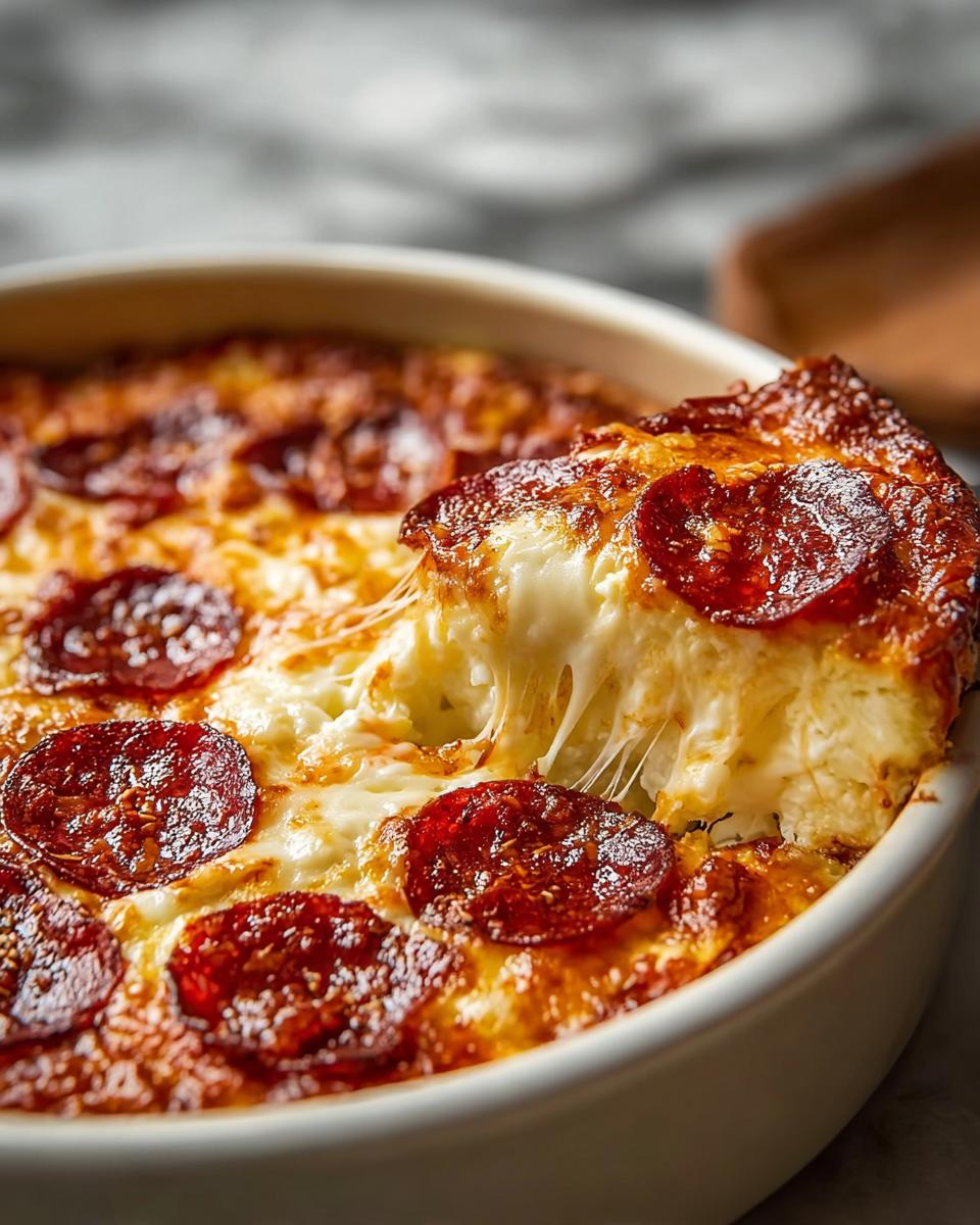 A slice of Pizza-Style Cottage Cheese Bake is lifted, revealing gooey melted cheese and pepperoni slices.