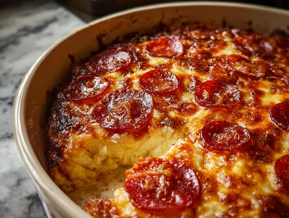 A golden-brown Pizza-Style Cottage Cheese Bake topped with melted cheese and pepperoni slices.