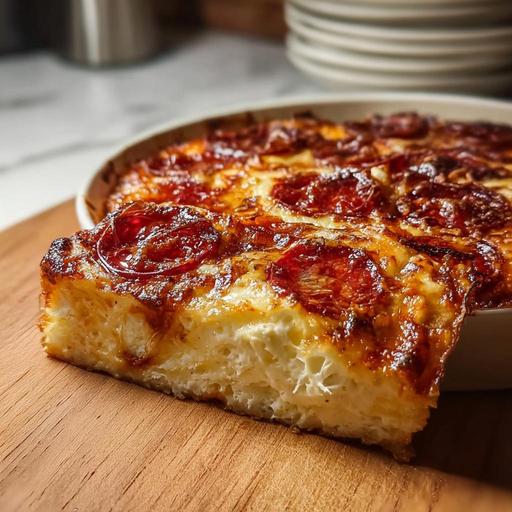 A slice of Pizza-Style Cottage Cheese Bake with pepperoni on top, showing a fluffy interior.