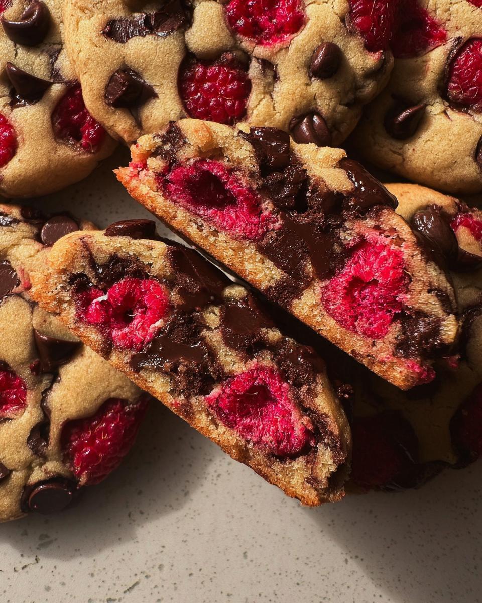 Close-up of a Raspberry Dark Chocolate Cookie, showing fresh raspberries and melted dark chocolate chips.