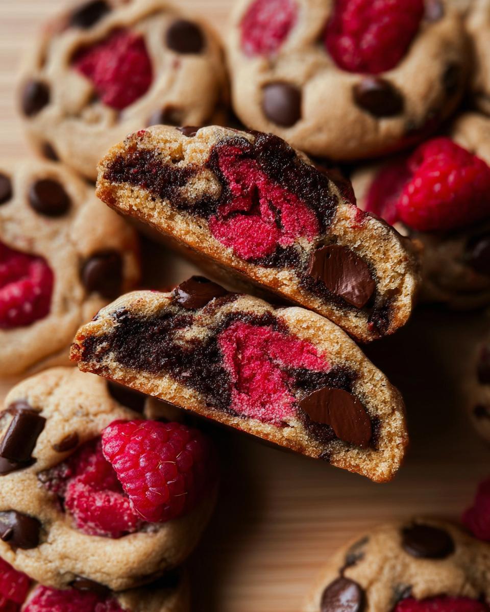 Close-up of a Raspberry Dark Chocolate Cookie, showing the rich dark chocolate chips and vibrant raspberry filling.