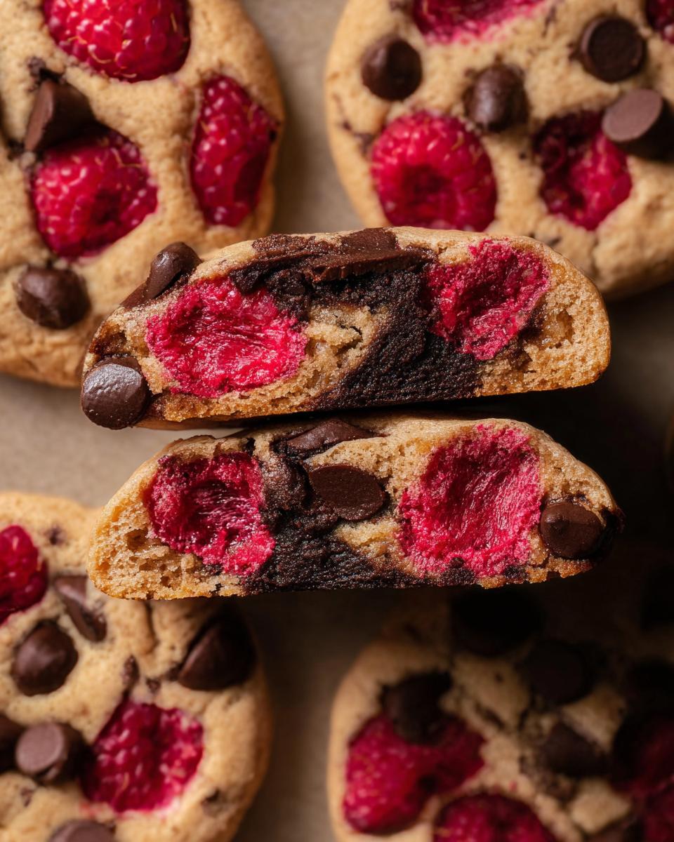 Close-up of a Raspberry Dark Chocolate Cookie, cut in half to show gooey chocolate and bright raspberries.