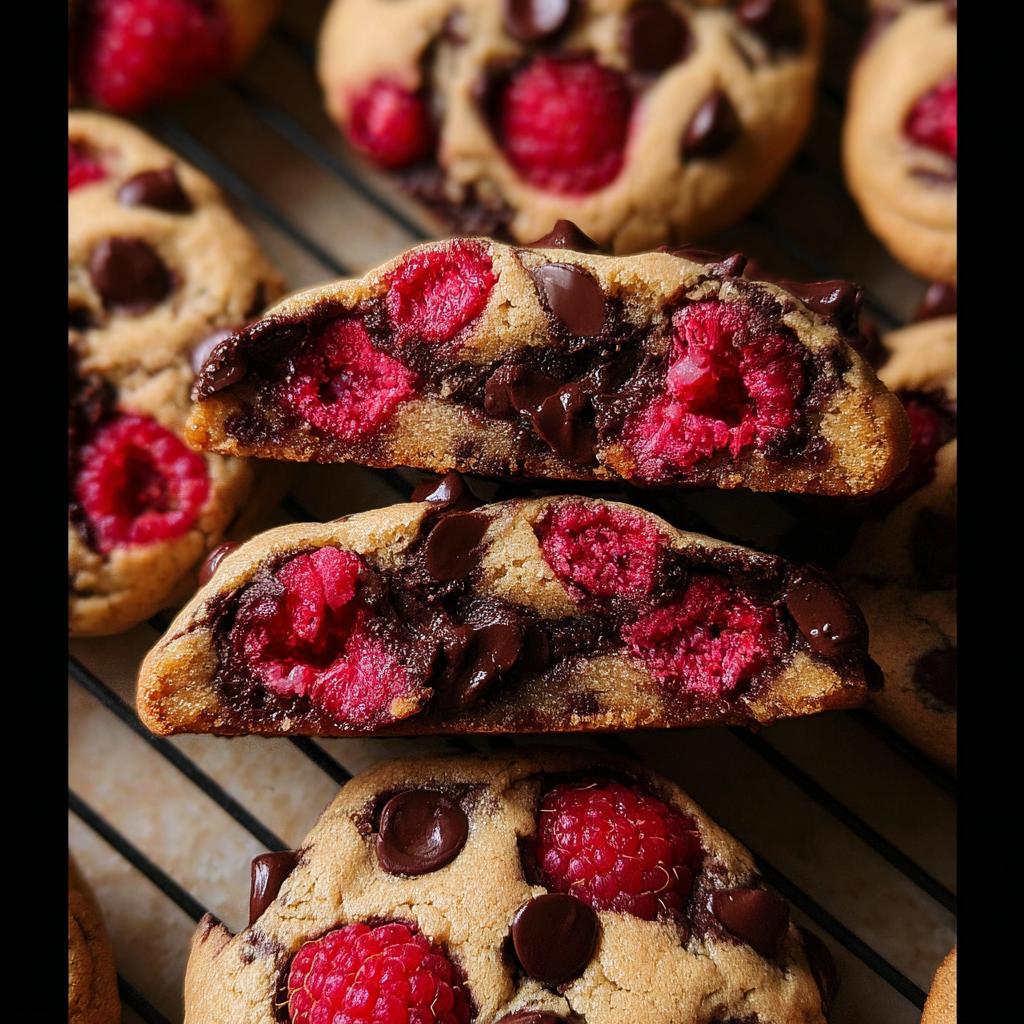 Close-up of a Raspberry Dark Chocolate Cookie, cut in half, revealing fresh raspberries and melted chocolate chips.