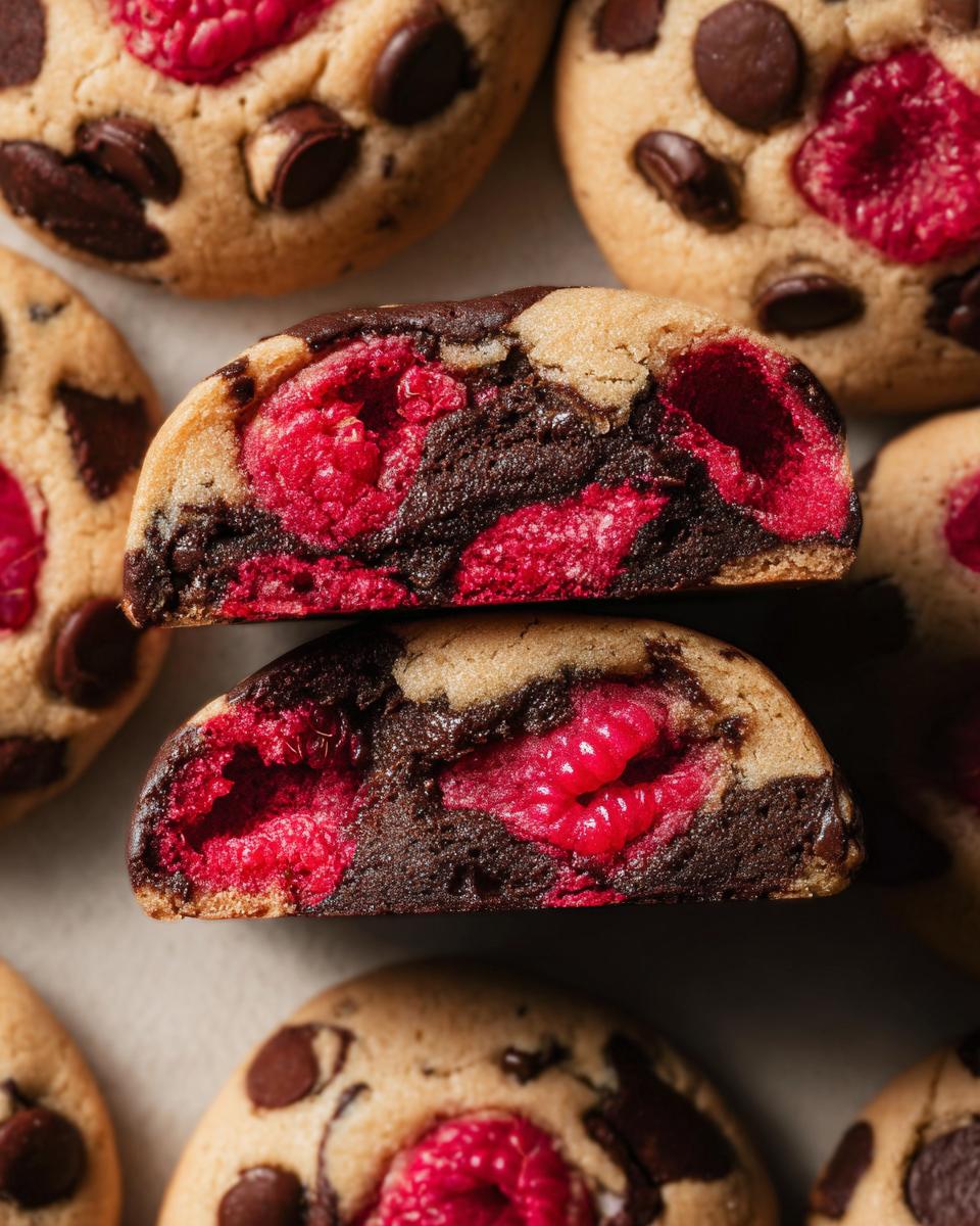 Close-up of a halved Raspberry Dark Chocolate Cookie showing gooey dark chocolate and bright raspberries inside.