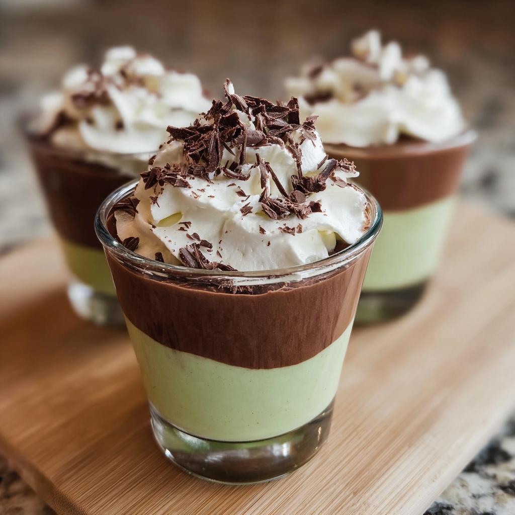 Close-up of layered Shamrock Shake Pudding Cups with mint green pudding, chocolate pudding, whipped cream, and chocolate shavings.