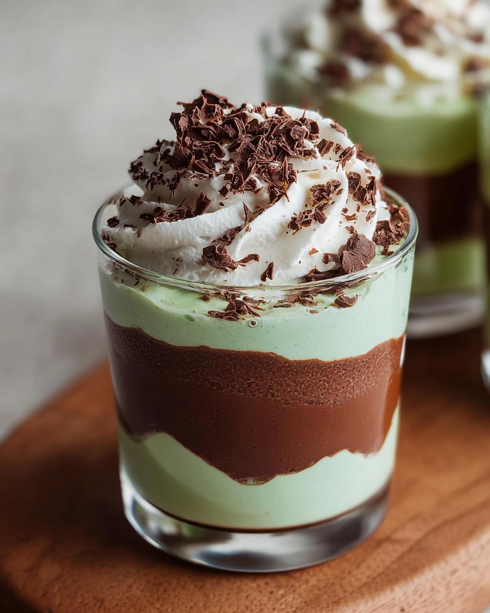 Close-up of a layered Shamrock Shake Pudding Cup with mint green pudding, chocolate pudding, whipped cream, and chocolate shavings.