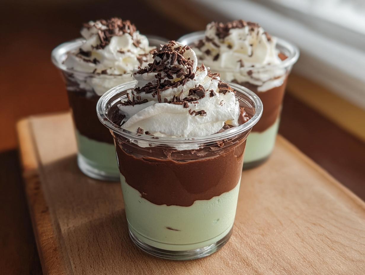 Three Shamrock Shake Pudding Cups layered with mint pudding, chocolate pudding, whipped cream, and chocolate shavings.