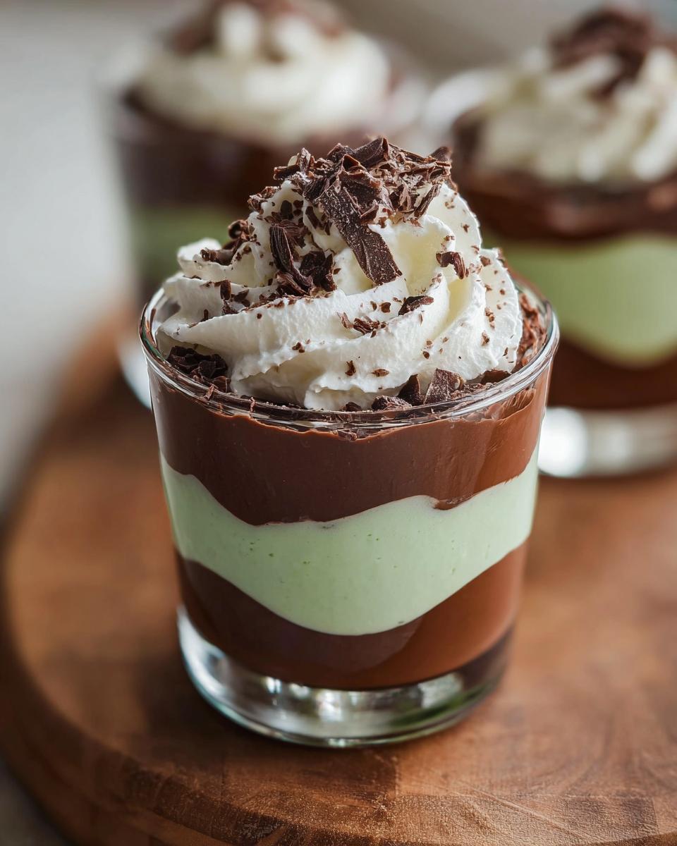 Close-up of a Shamrock Shake Pudding Cup with layers of chocolate and mint pudding, topped with whipped cream and chocolate shavings.