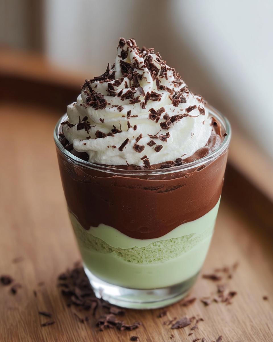A layered dessert in a glass cup featuring mint green pudding, chocolate pudding, whipped cream, and chocolate shavings, representing Shamrock Shake Pudding Cups.