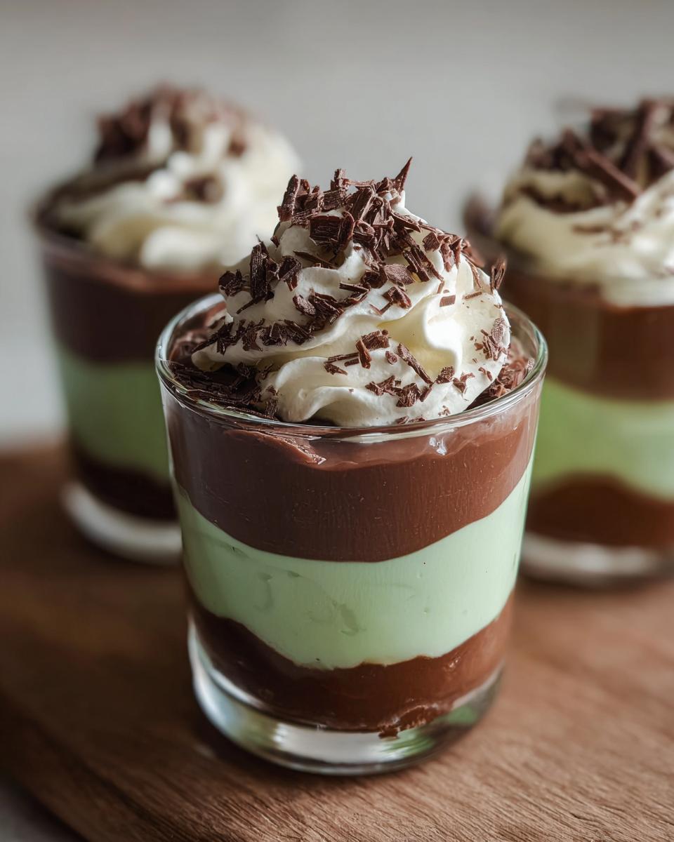 Close-up of layered Shamrock Shake Pudding Cups with chocolate and mint green pudding, topped with whipped cream and chocolate shavings.