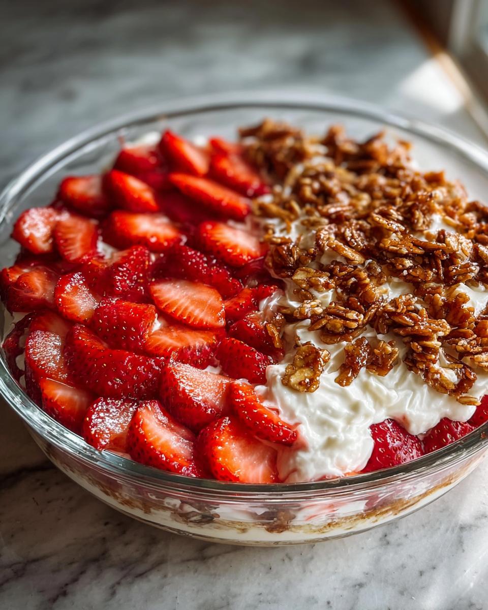A close-up of a Strawberry Crackle Salad in a glass bowl, featuring layers of sliced strawberries, creamy filling, and crunchy topping.
