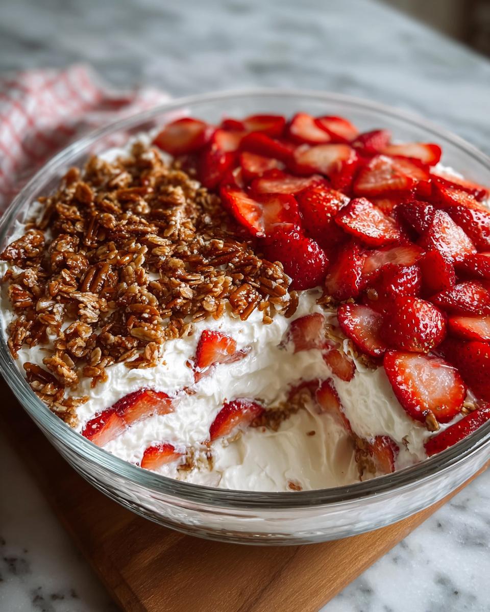 A close-up of a Strawberry Crackle Salad in a glass bowl, featuring layers of cream, sliced strawberries, and a crunchy pecan topping.