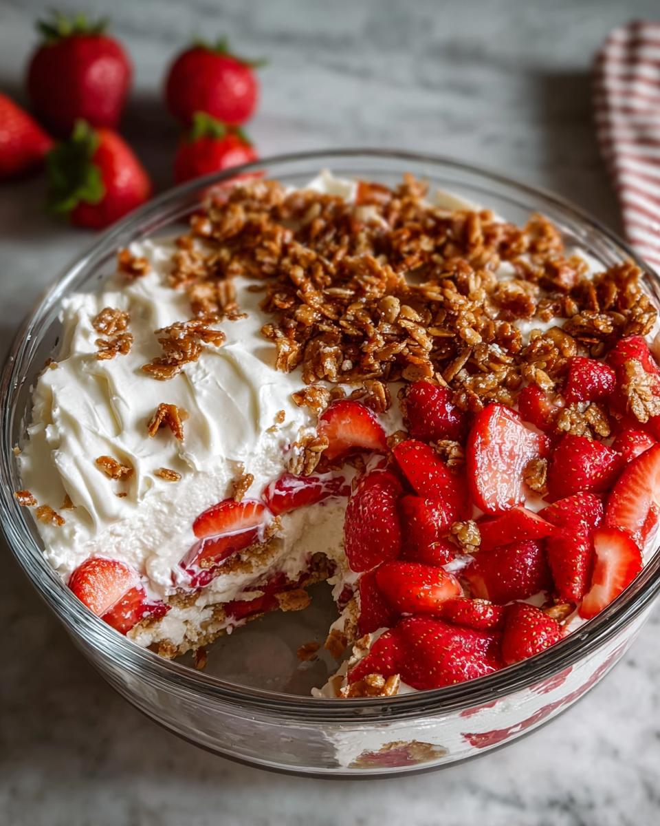 A refreshing Strawberry Crackle Salad dessert in a glass bowl, layered with whipped cream, strawberries, and crunchy granola.
