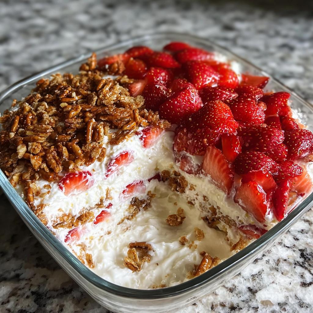 A close-up of a Strawberry Crackle Salad in a glass dish, featuring layers of cream, strawberries, and crunchy topping.