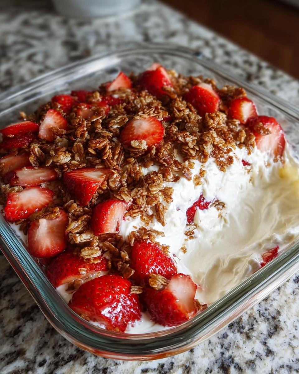 A close-up of Strawberry Crackle Salad in a glass dish, topped with fresh strawberries and crunchy granola.