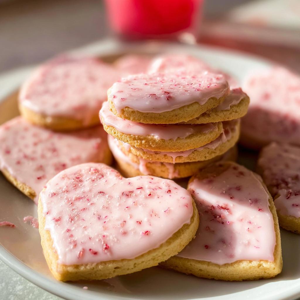 A stack of heart-shaped Strawberry Shortbread Cookies topped with pink frosting and sprinkled with red bits.