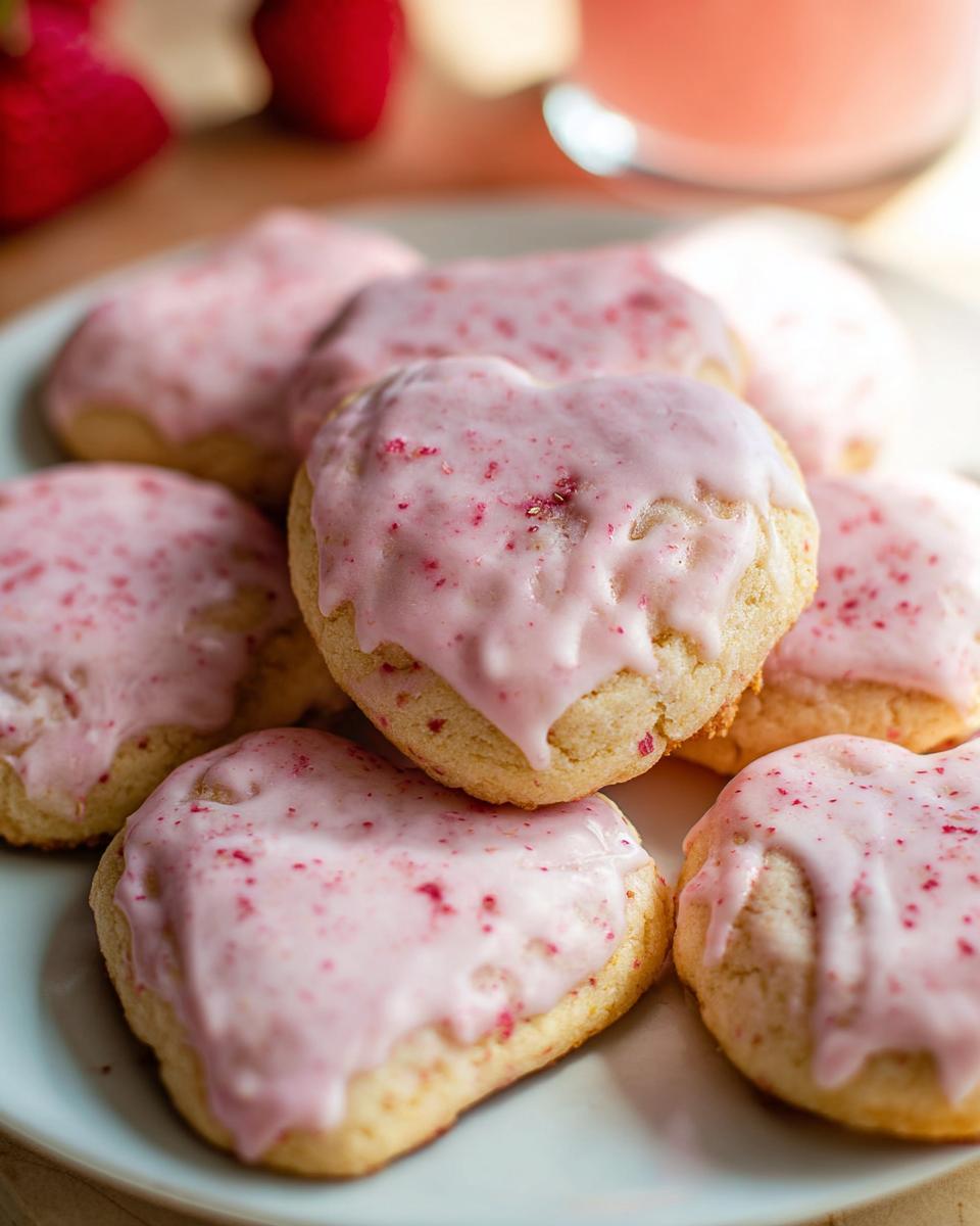 Close-up of heart-shaped Strawberry Shortbread Cookies with pink strawberry glaze and flecks.