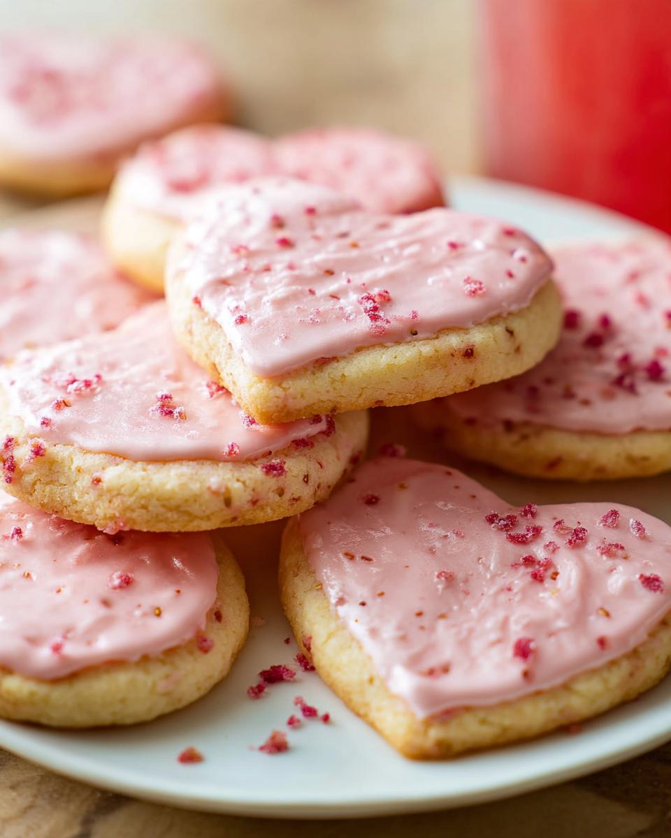 Close-up of heart-shaped Strawberry Shortbread Cookies topped with pink frosting and red sprinkles.