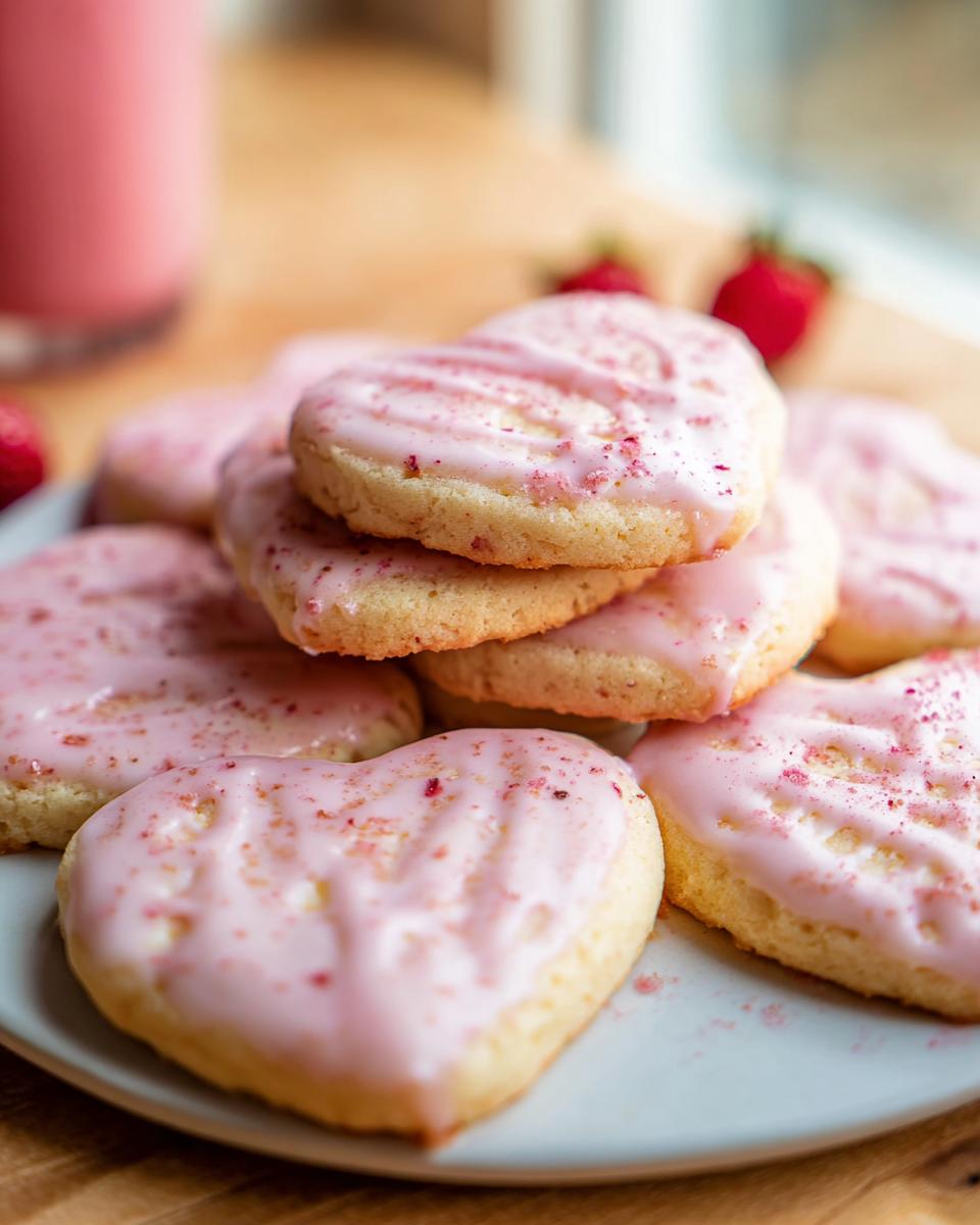 A close-up of heart-shaped Strawberry Shortbread Cookies, drizzled with pink icing and sprinkled with freeze-dried strawberry pieces.