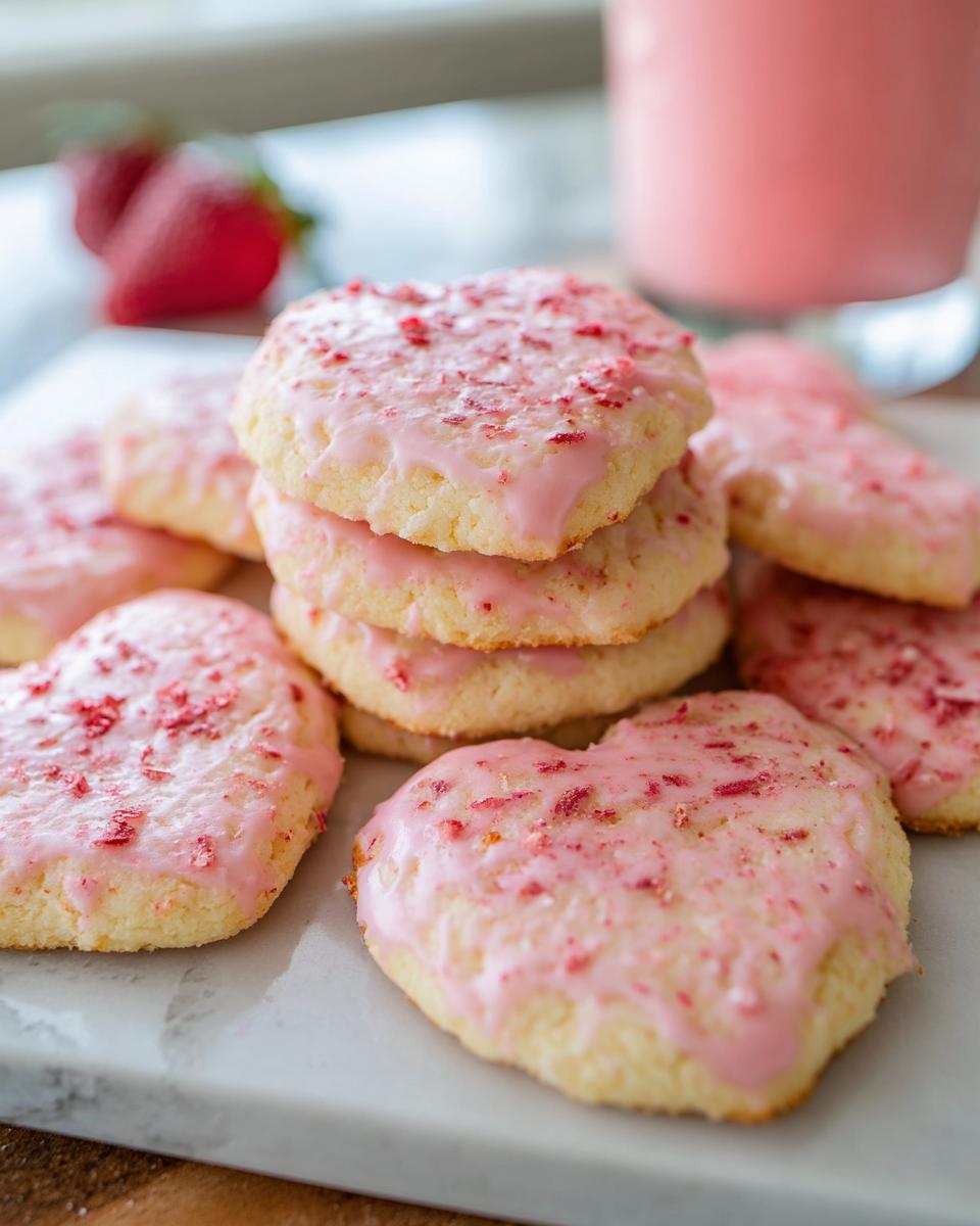 Close-up of heart-shaped Strawberry Shortbread Cookies with pink icing and strawberry sprinkles.
