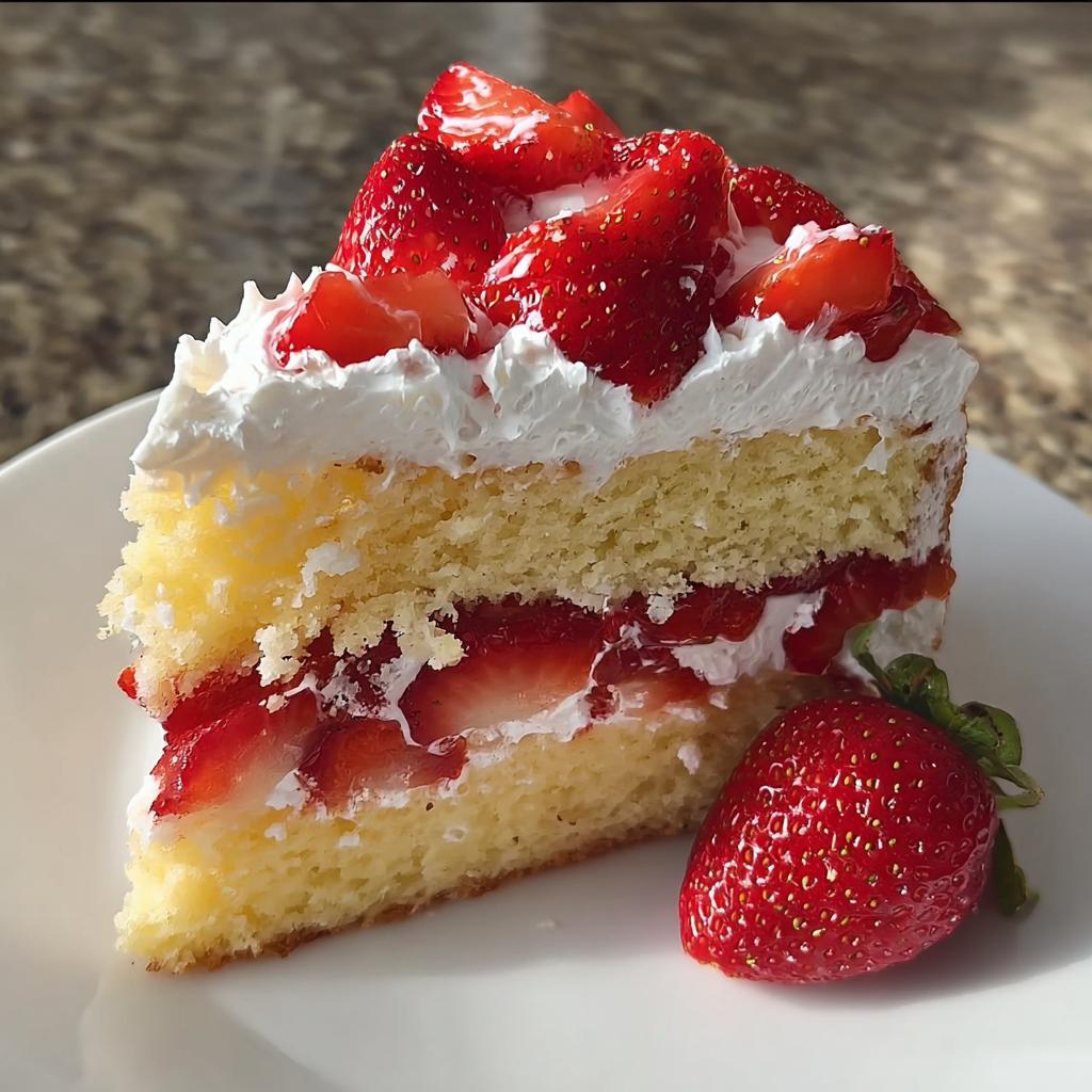 A delicious slice of Sweet Strawberry Shortcake Recipe, featuring layers of cake, whipped cream, and fresh strawberries.