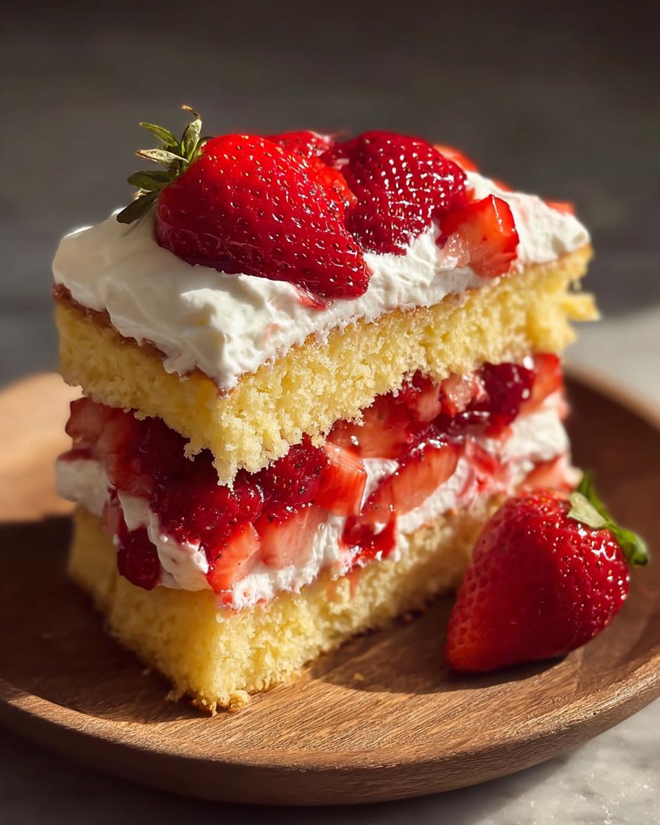 A decadent slice of sweet strawberry shortcake recipe, layered with sponge cake, whipped cream, and fresh strawberries.