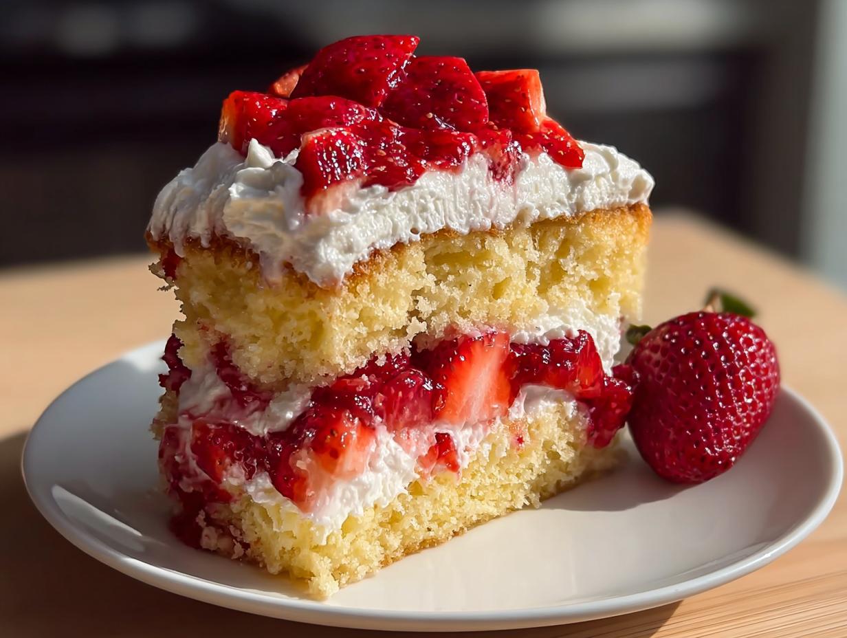 A delicious slice of sweet strawberry shortcake recipe, layered with cake, whipped cream, and fresh strawberries.