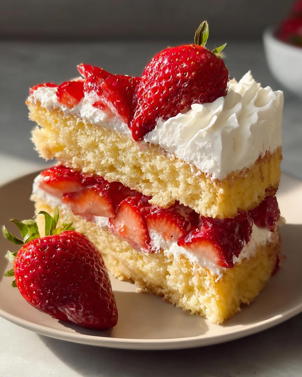A delicious slice of sweet strawberry shortcake with layers of sponge cake, whipped cream, and fresh strawberries.