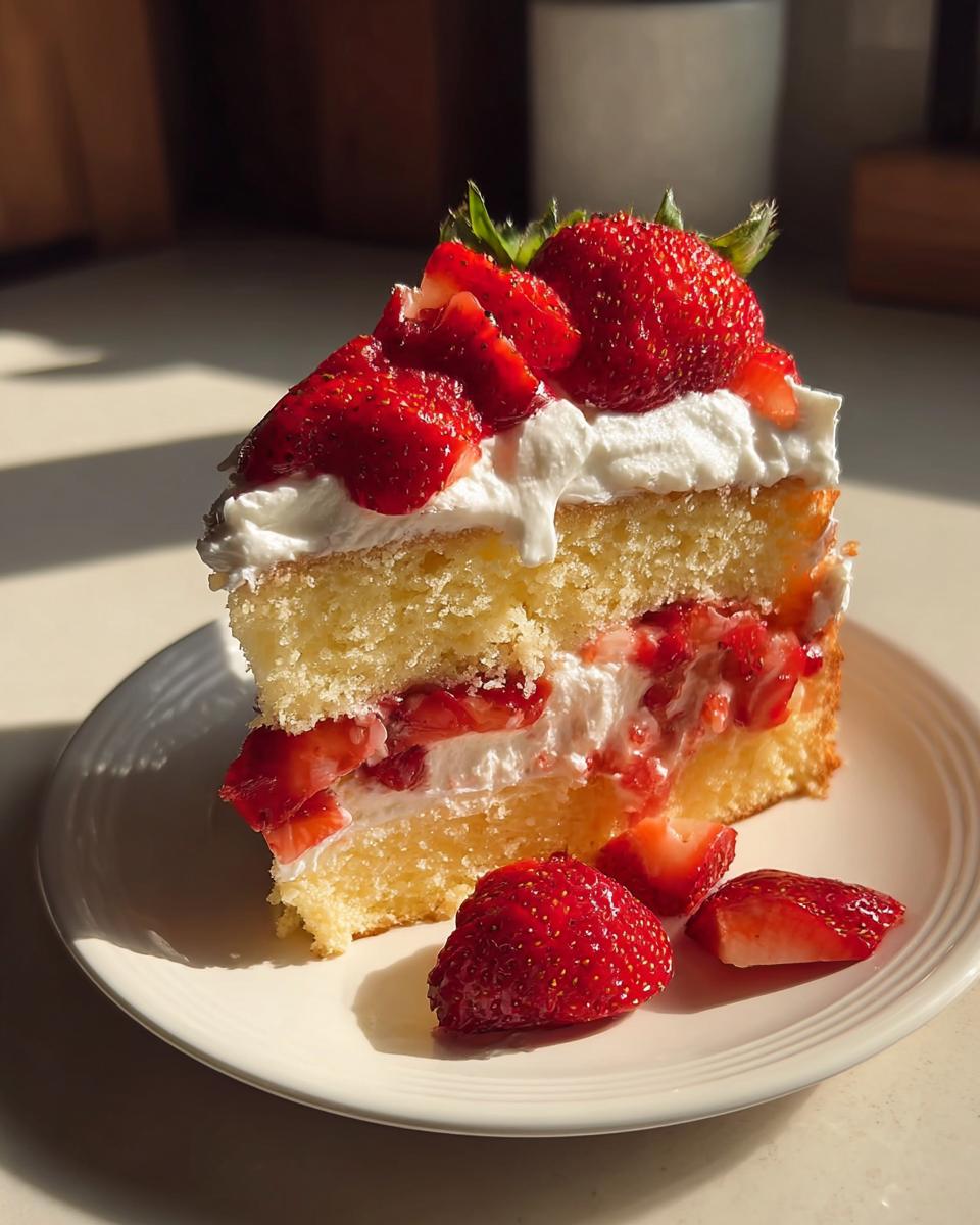 A delicious slice of sweet strawberry shortcake with layers of cake, whipped cream, and fresh strawberries.