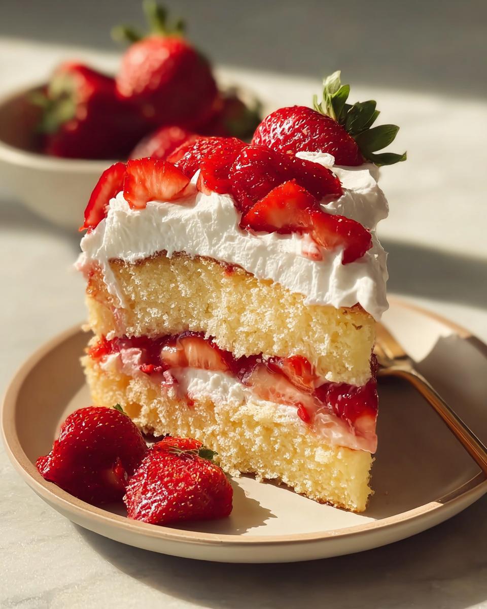 A delicious slice of Sweet Strawberry Shortcake with layers of cake, whipped cream, and fresh strawberries.