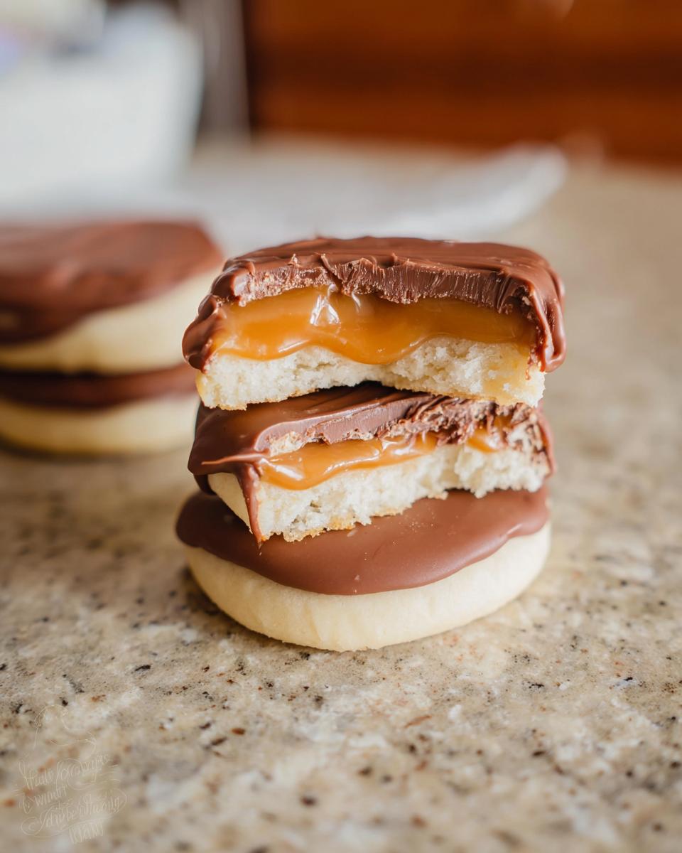 A stack of homemade Twix cookies, with a bite taken out of the top two, revealing a thick caramel and chocolate coating.