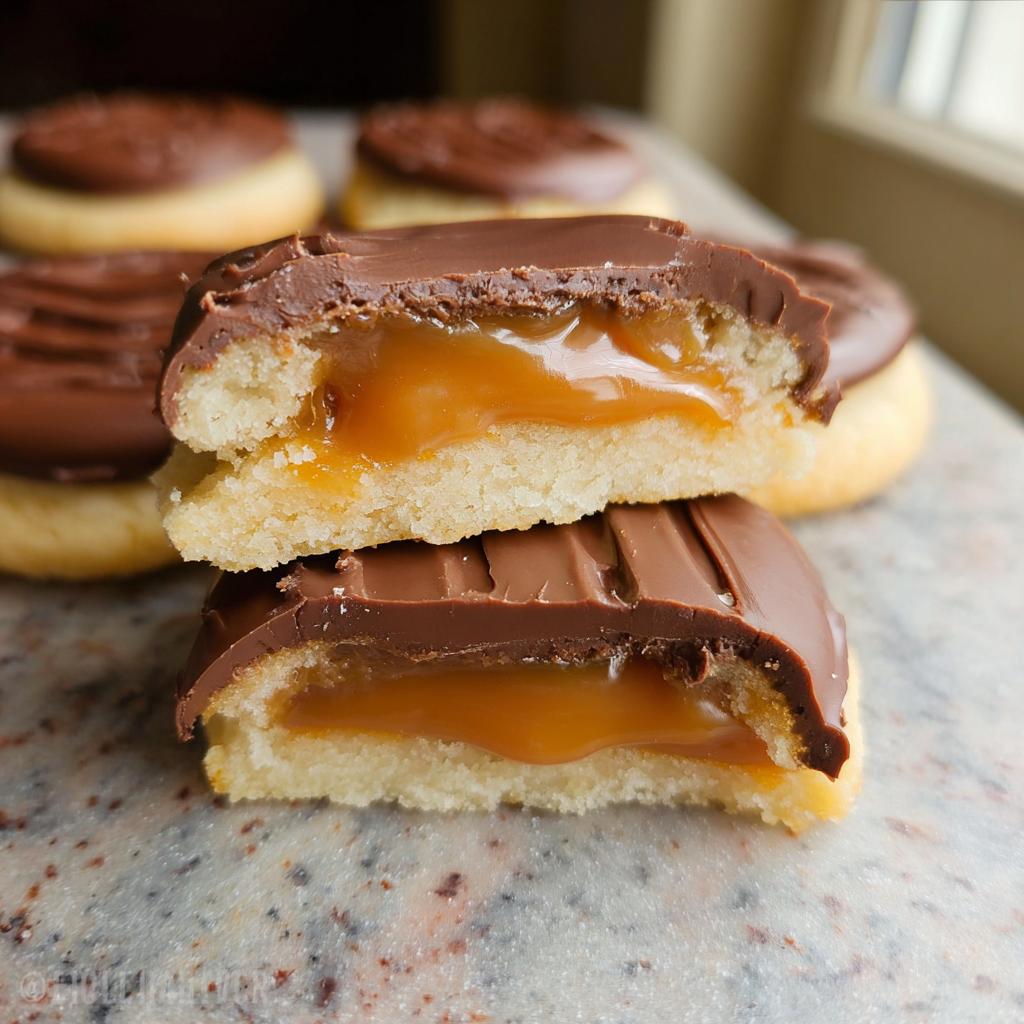 Close-up of two halves of a Twix cookie, revealing a thick layer of gooey caramel between shortbread and chocolate.