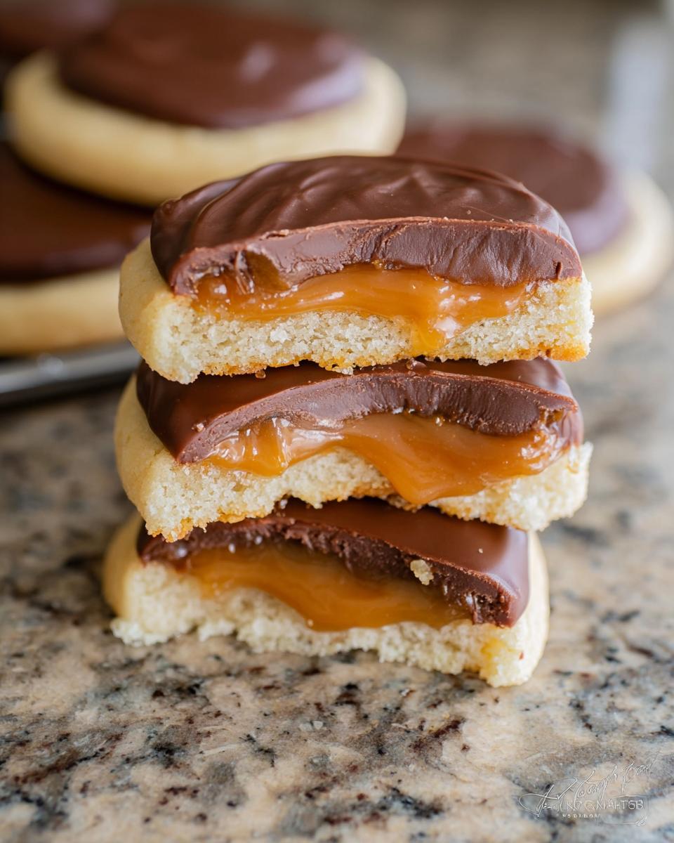 A stack of three Twix cookies, showing the layers of shortbread, gooey caramel, and chocolate topping.