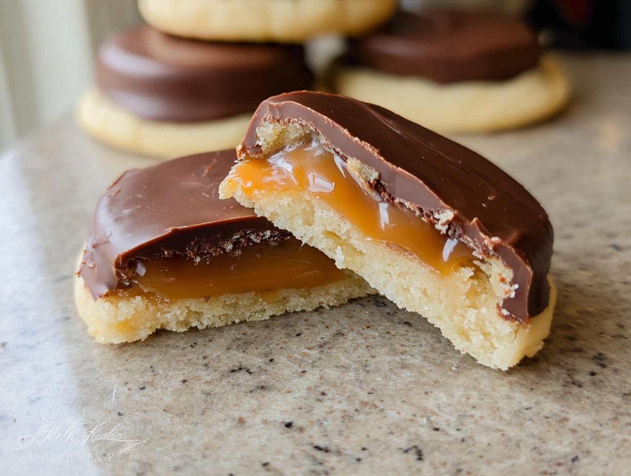 Close-up of a Twix cookie cut in half, revealing a thick layer of gooey caramel and a chocolate coating.