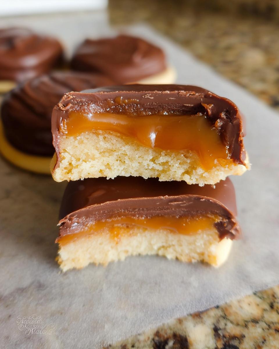 Cross-section of a homemade Twix cookie showing a thick layer of gooey caramel over a shortbread base, topped with chocolate.
