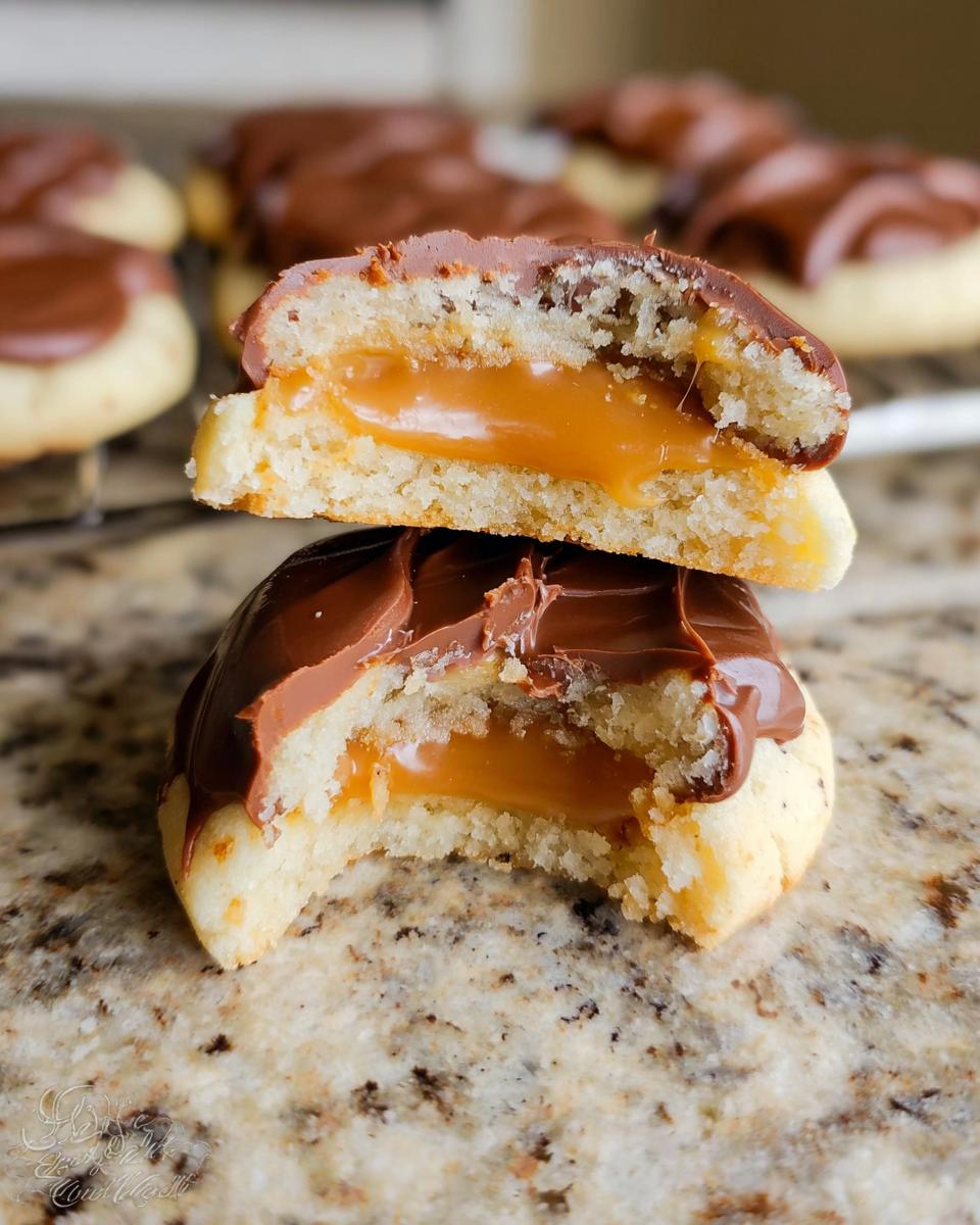 Close-up of two halves of a Twix cookie, revealing a rich caramel filling and chocolate topping.